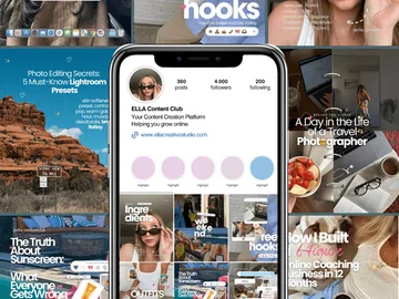 An orange and white collage of posts about content creation, branding and daily life, with portraits of women.