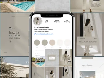 A black, white and gray collage of posts about business strategy, content and brand identity.