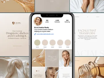 An angled collage of burgundy and white posts about brand stories, services and digital marketing.