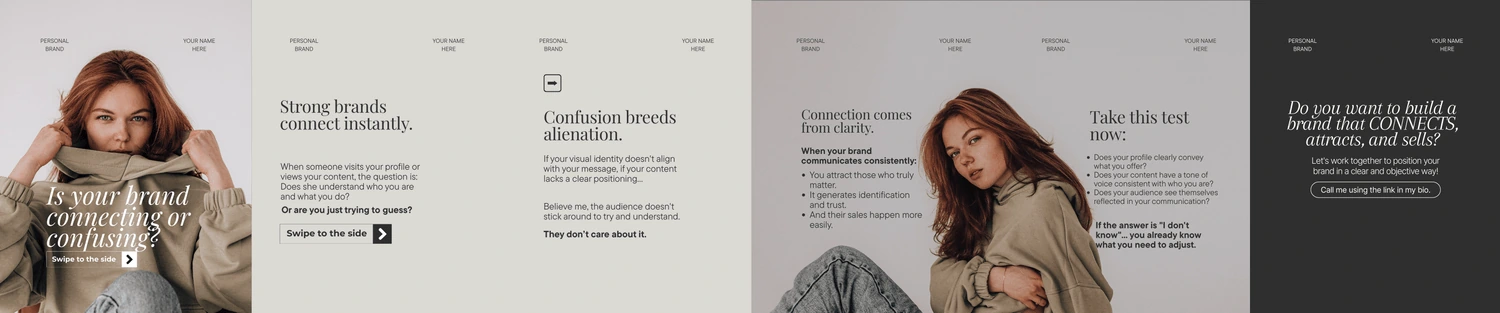 A personal branding carousel preview with three neutral cards and large headlines about connection and clarity.