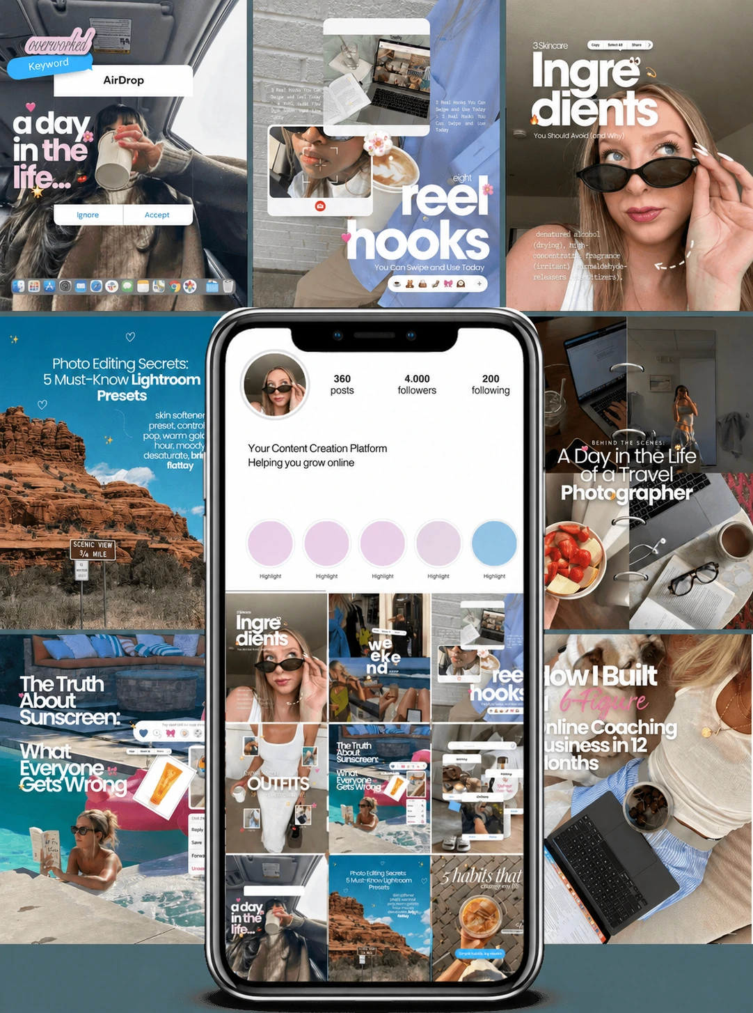 A collection of posts about daily routines, skincare and photography, with a phone feed preview.