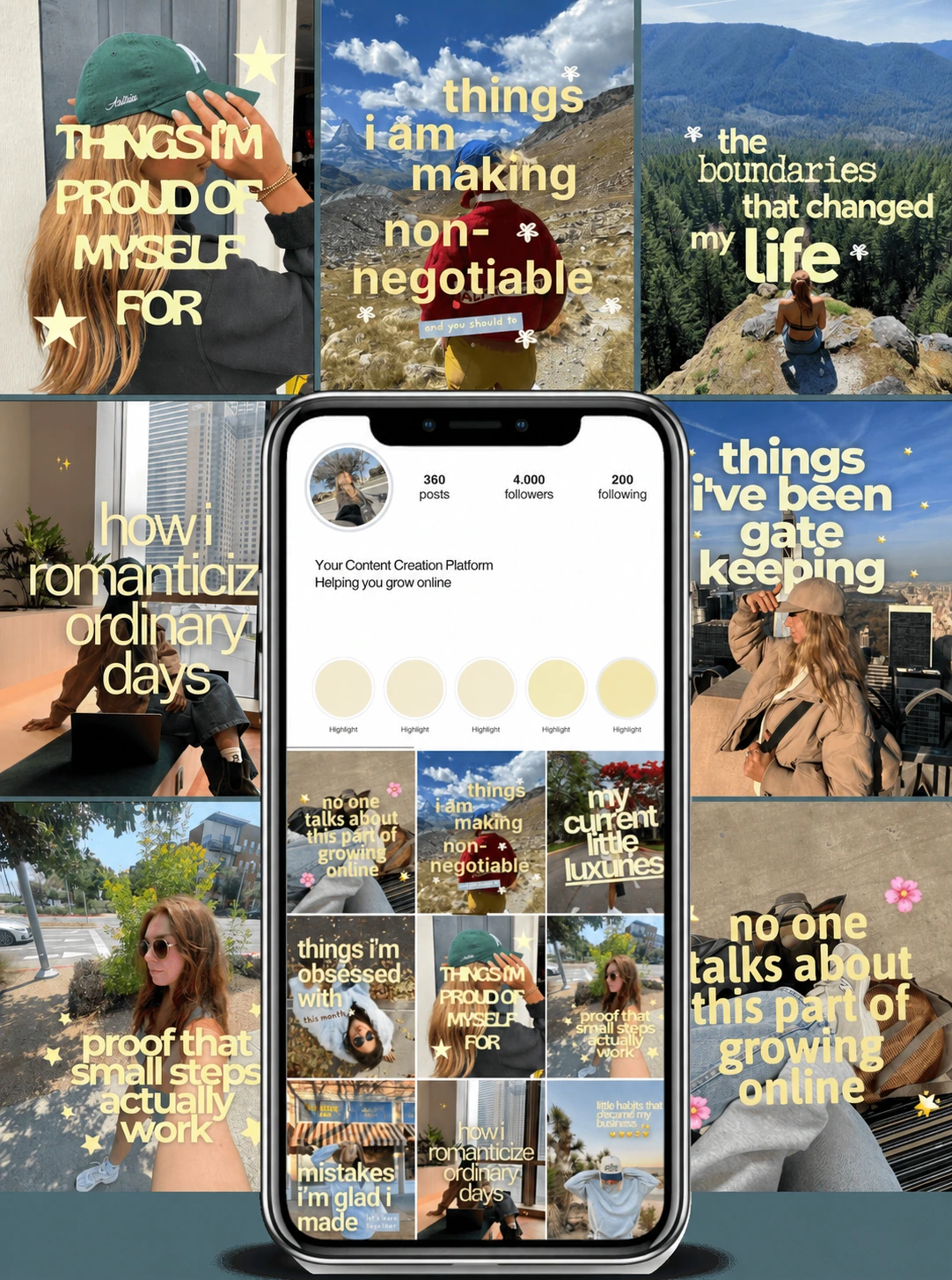 A collection of posts with quotes about boundaries, small steps and daily life, in yellow over travel photos.