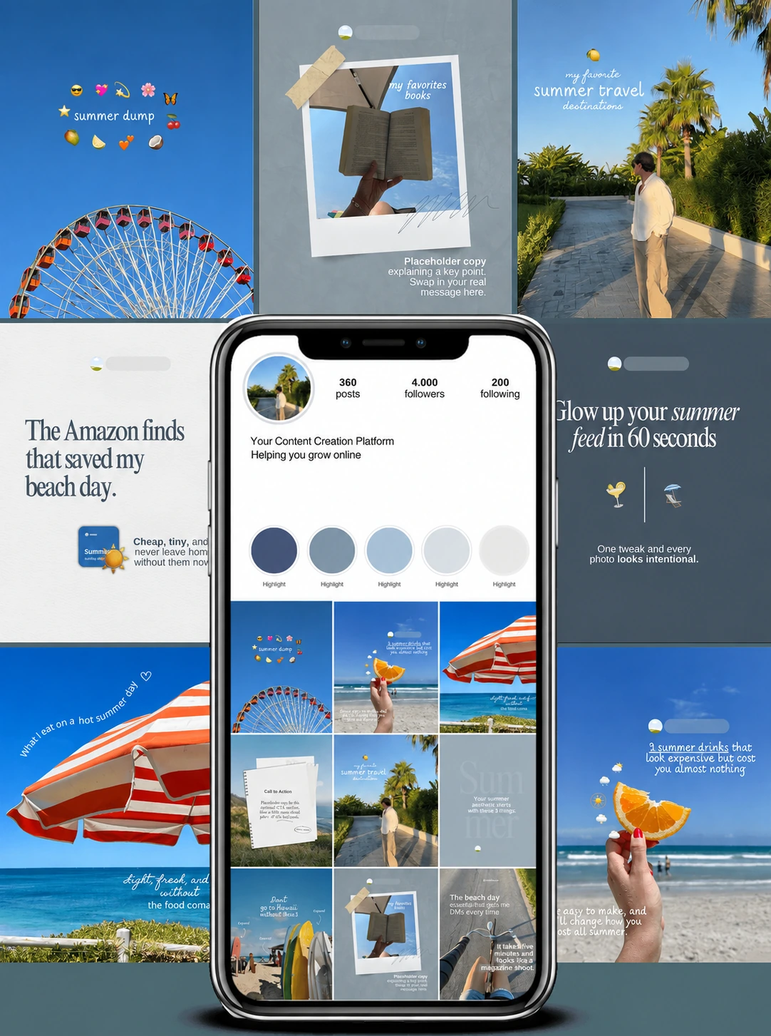 A collection of posts featuring summer memories, books, beaches, drinks and travel destinations in shades of blue.