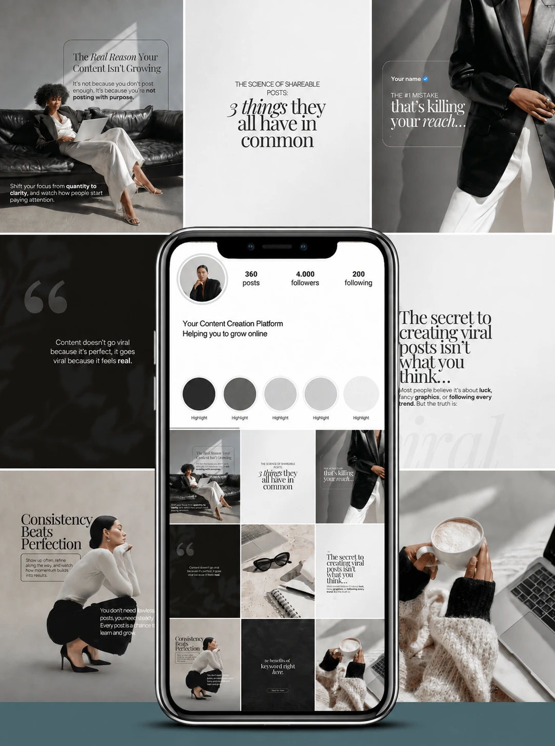 A collection of posts about content creation and consistency, with portraits of women and neutral typography.