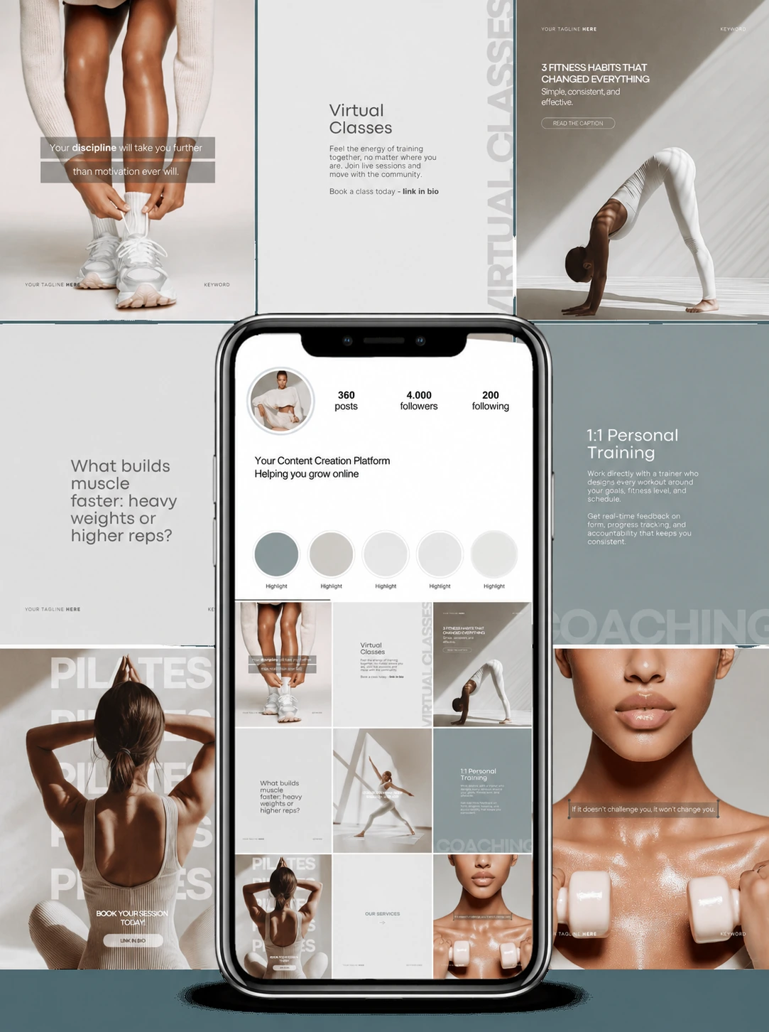 A collection of Pilates and fitness posts, with online classes, workout habits and exercises in neutral colors.