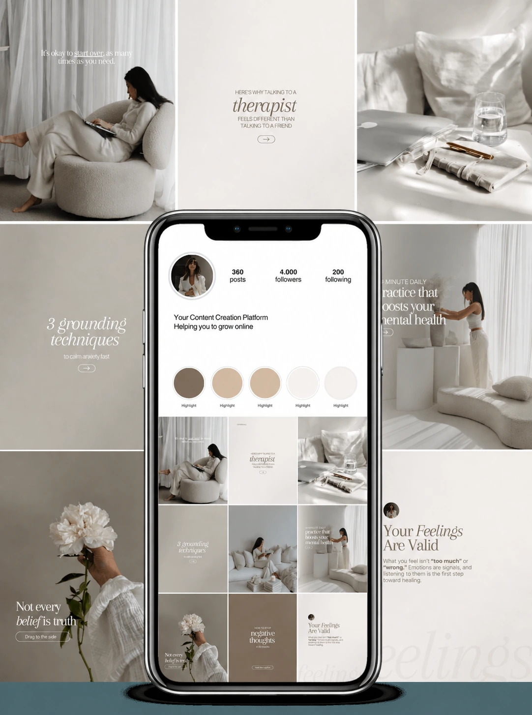A collection of posts about therapy, support and mental health, featuring bright interiors, flowers and a feed preview.
