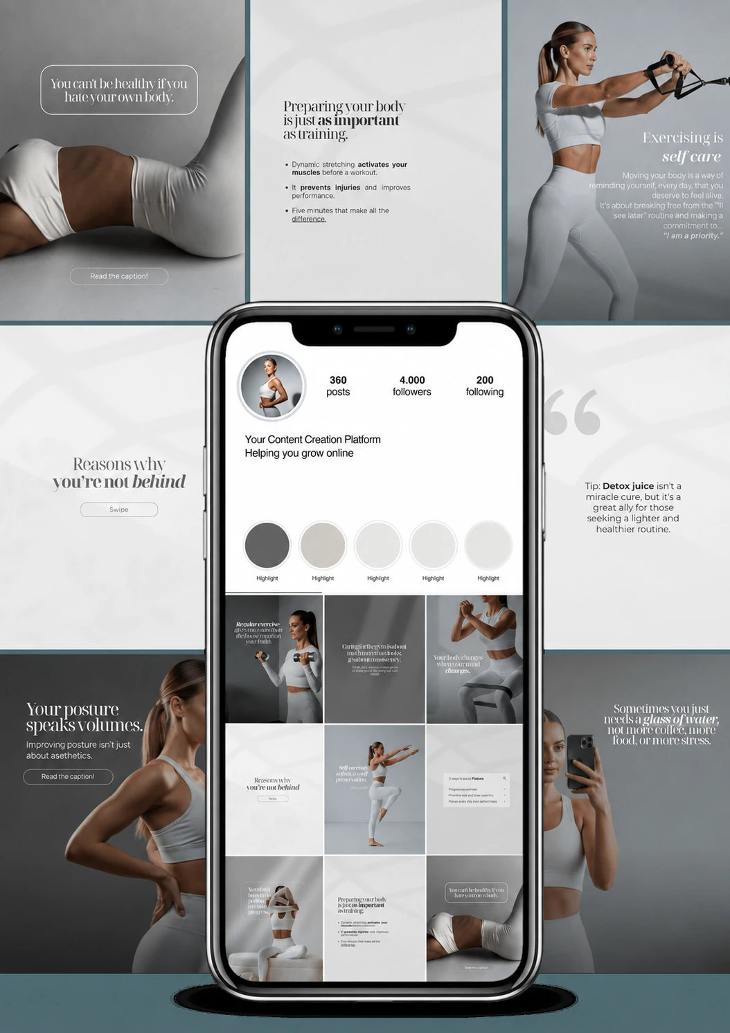 A template collection about exercise, self-care and well-being, with a phone feed preview.