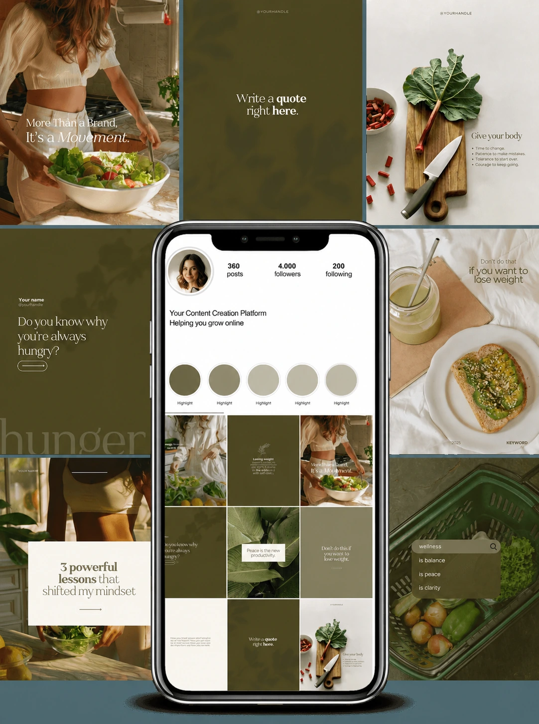 A food and well-being template collection with food photography and green tones.