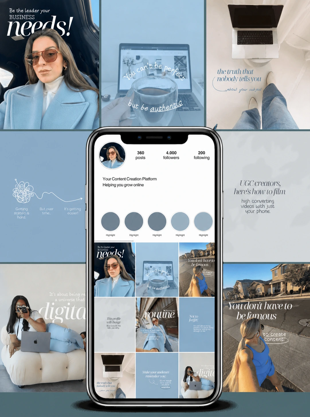 A template collection for content creators, with portraits of women and blue details.