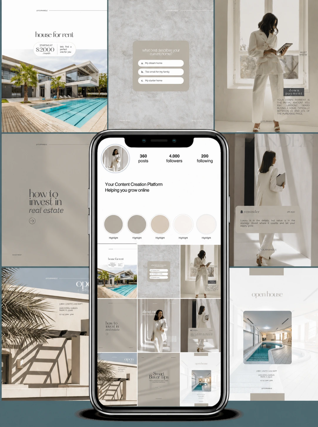 A real estate template collection with houses, interiors and a phone feed preview.