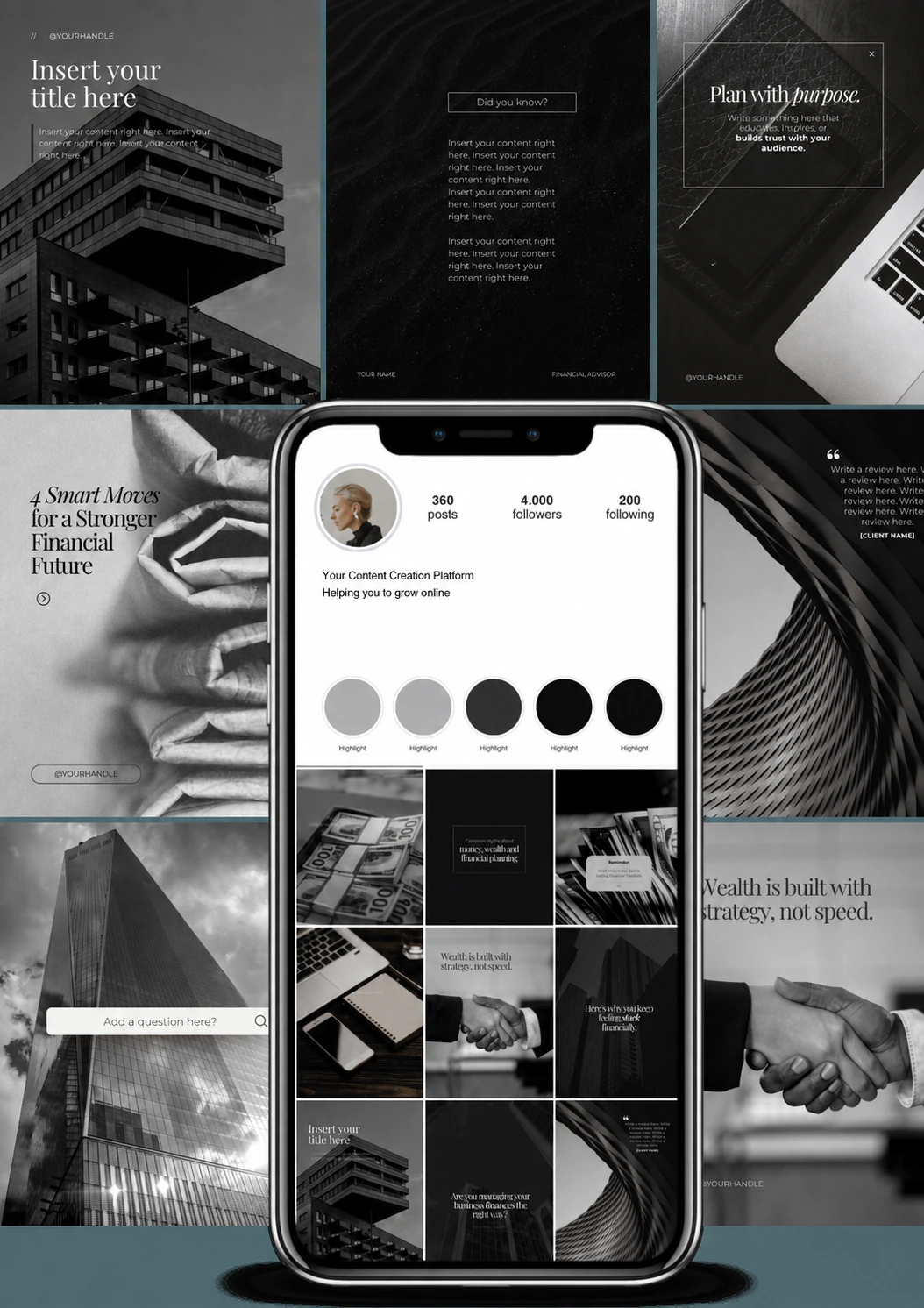 A business and finance template collection with architecture and black and white photography.
