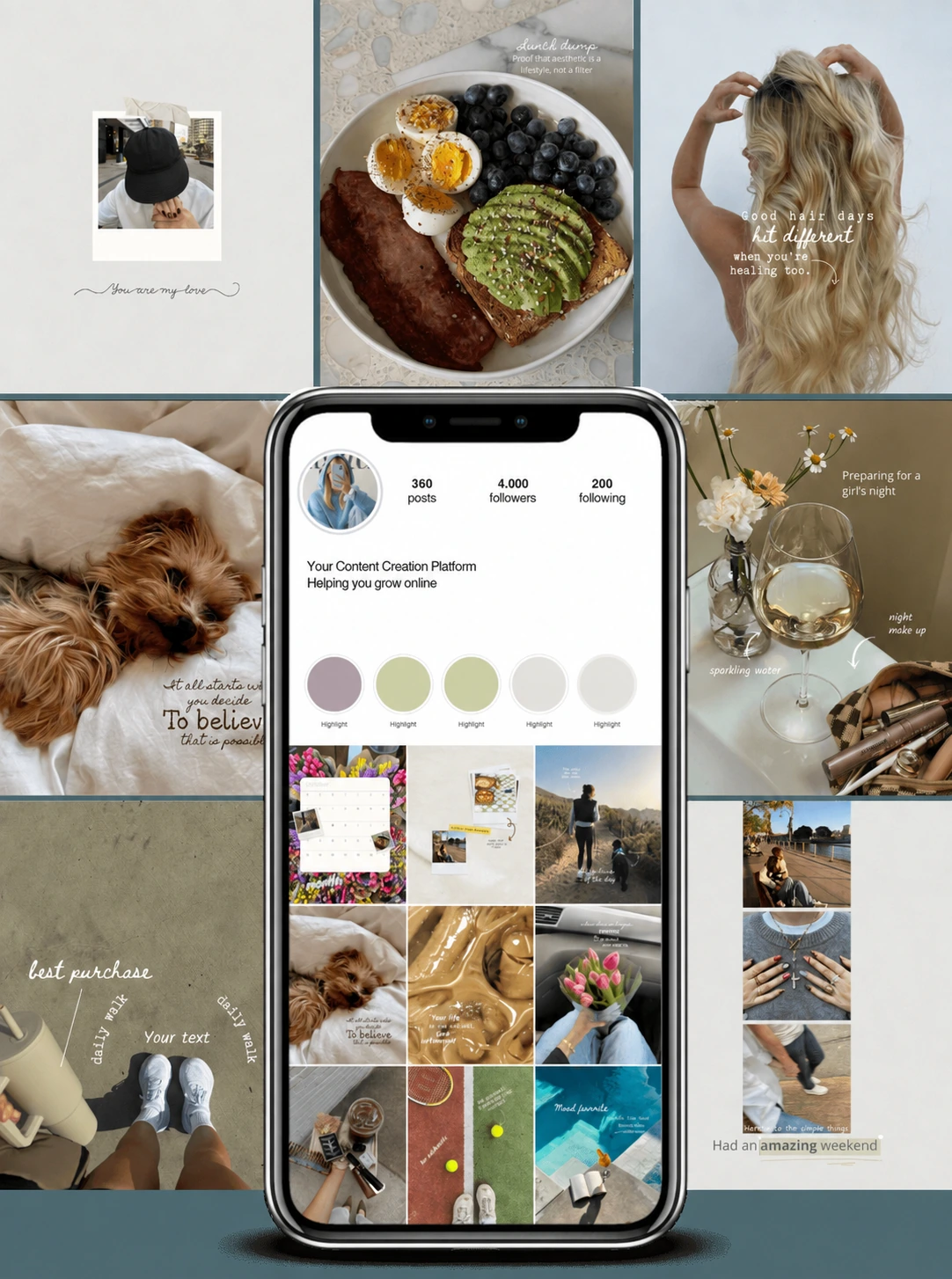 A collection of posts with self-care quotes, coffee, flowers, daily routines and simple moments in an Instagram feed.