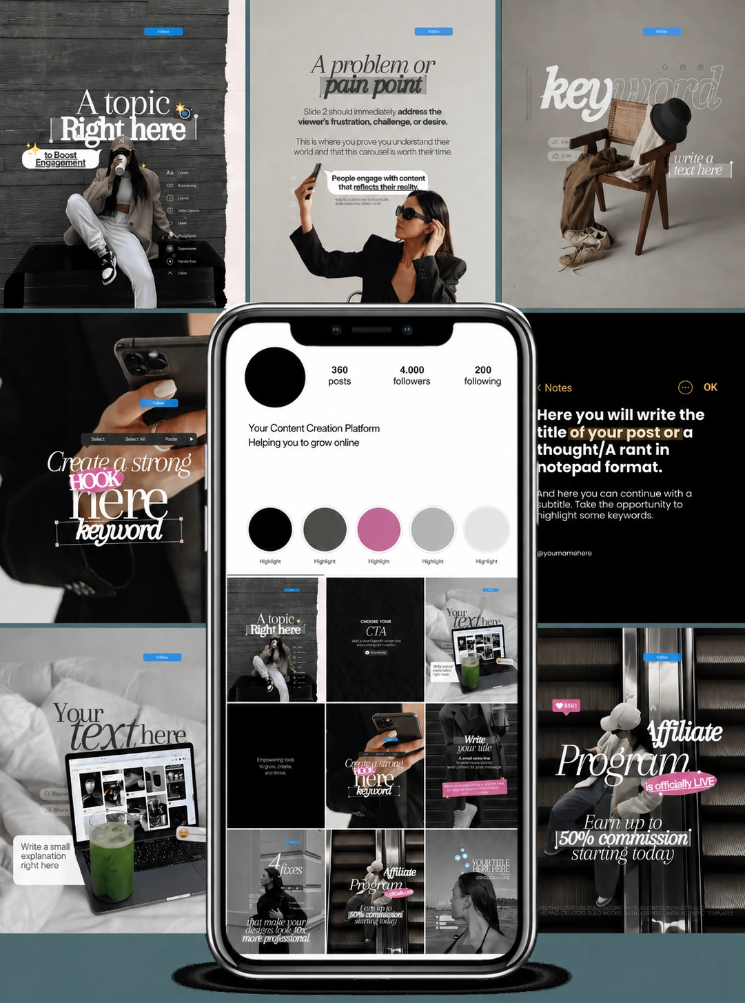 A collection of Instagram post templates in black, gray and pink, with headlines and content tips.