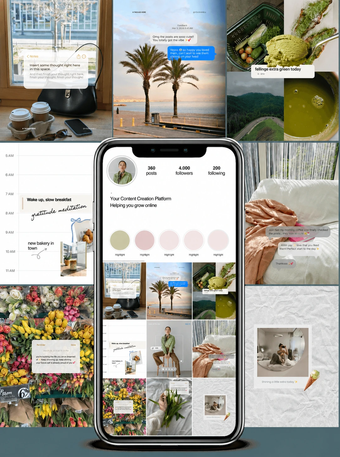Post templates with daily routines, coffee, flowers, planners, reminders and Instagram messages.