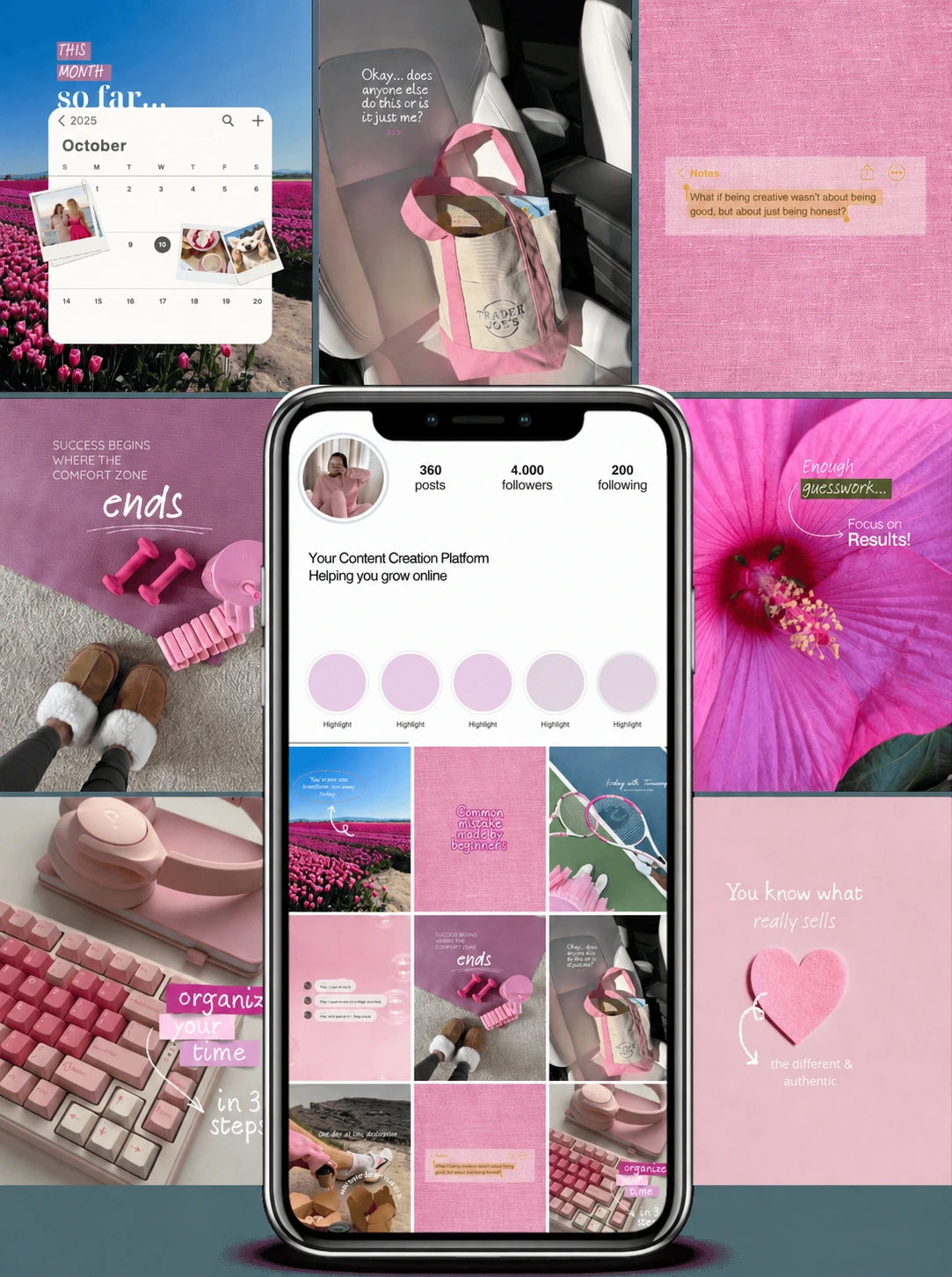 A pink collection of posts about daily routines, time management, creativity and motivation.