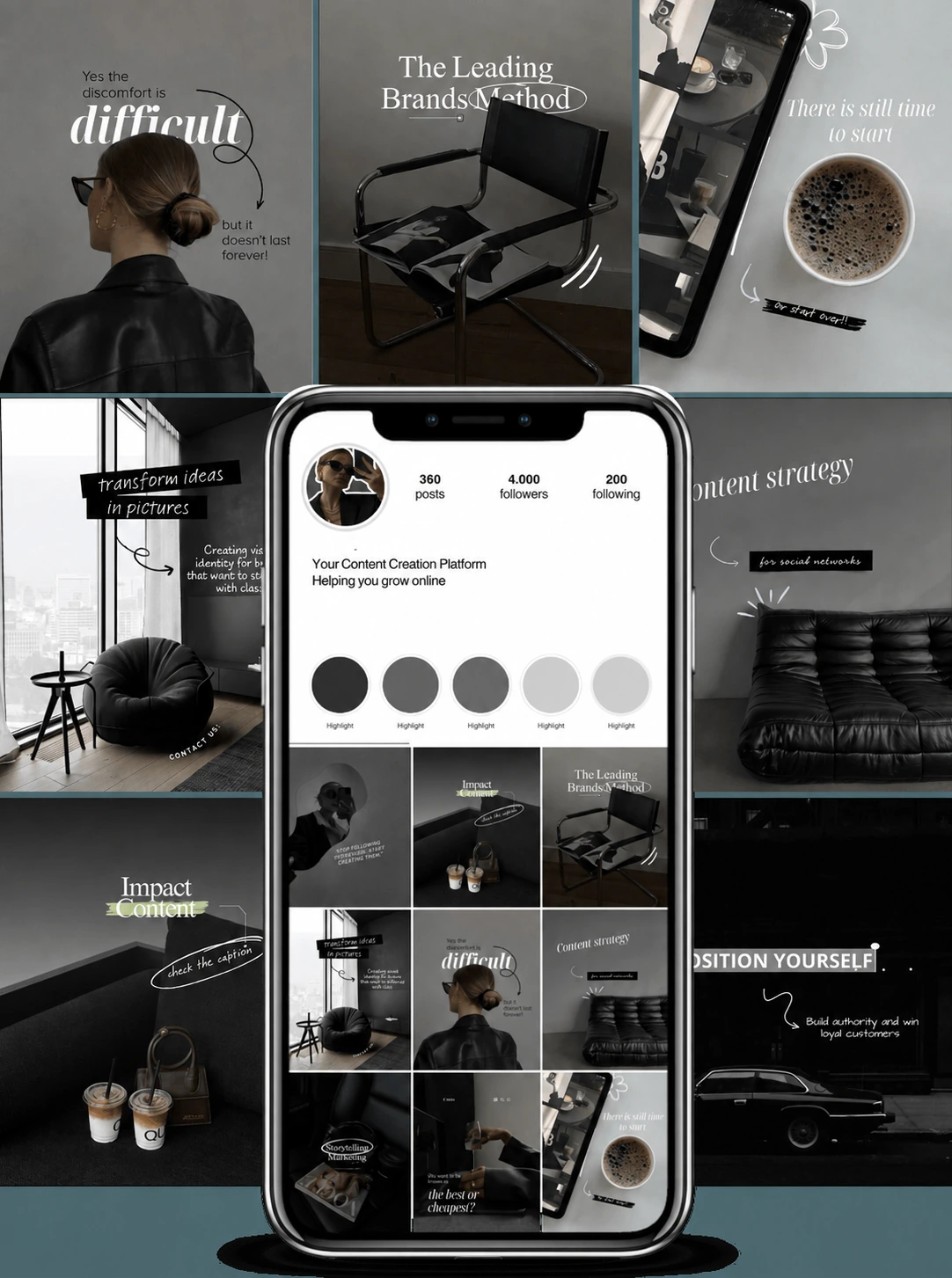 A gray and black collection of posts about visual identity, content strategy and brand positioning.
