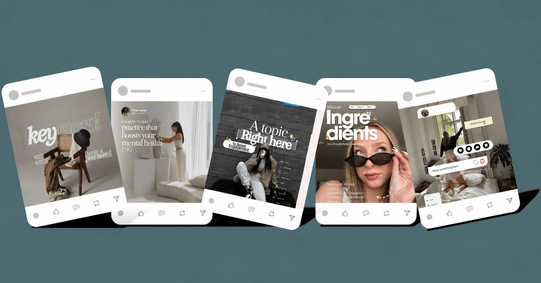 Five sample posts about daily routines, content and personal care, on cards over a blue-gray background.